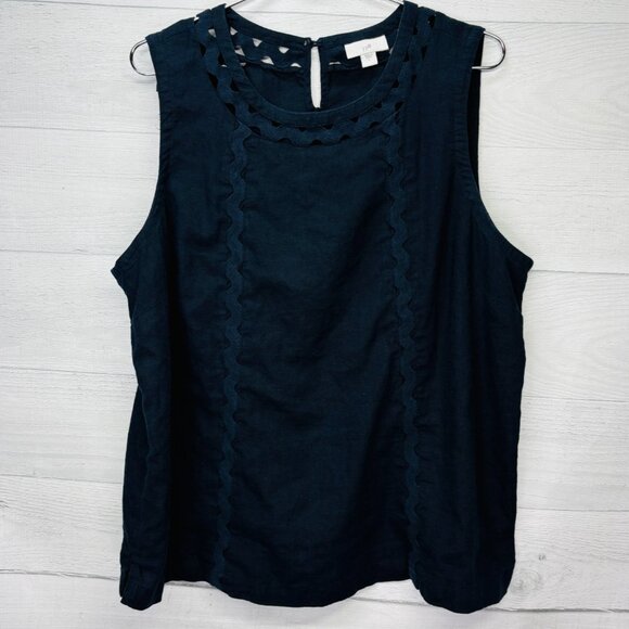 J.Jill Linen Blend Sleeveless Top Navy Cutwork Trim Tank Blouse Women’s Large - Picture 2 of 14